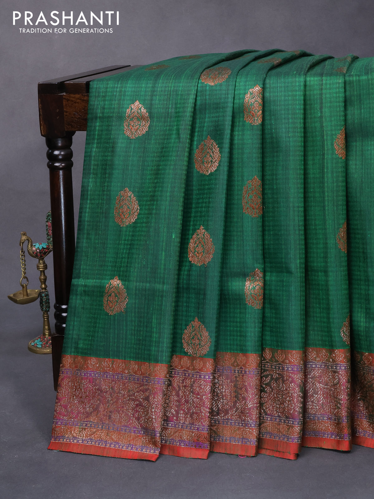 Banarasi handloom dupion silk saree green and dual shade of reddish green with thread & zari woven buttas and floral design woven border