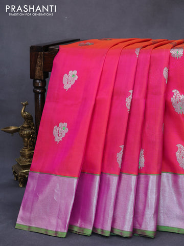 Venkatagiri silk saree dual shade of pinkish orange and parrot green with thread & silver zari woven buttas and silver zari woven border