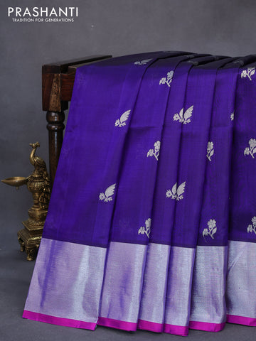 Venkatagiri silk saree dark blue and pink with silver zari woven floral buttas and silver zari woven border