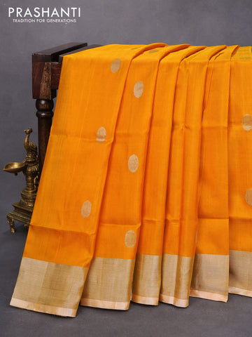 Pure uppada silk saree yellow and cream with silver zari woven coin buttas and silver zari woven border