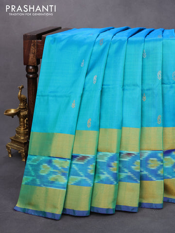 Pure uppada silk saree teal blue and blue with silver & gold zari woven buttas and rettapet zari woven border