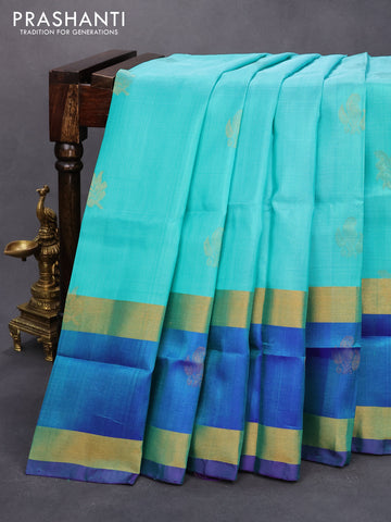 Pure uppada silk saree teal blue and blue with zari woven buttas and rettapet zari woven border