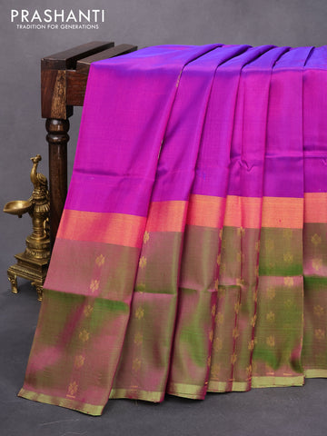 Pure uppada silk saree purple and dual shade of green with zari woven annam buttas and long zari woven floral butta border