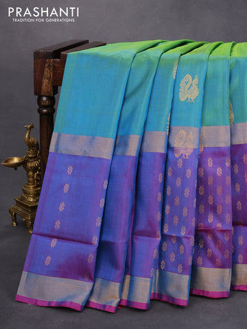 Pure uppada silk saree dual shade of teal bluish green and pink with zari woven annam buttas and long zari woven floral butta border