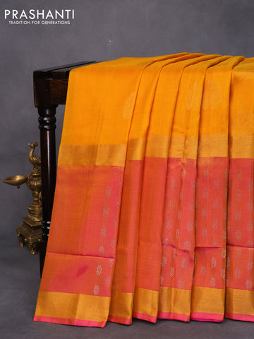 Pure uppada silk saree yellow and pink with zari woven annam buttas and long silver zari woven floral butta border