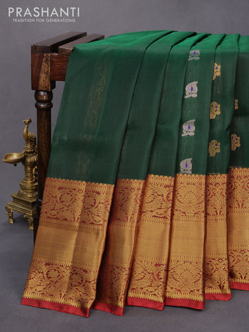 Pure uppada silk saree dark green and maroon with silver & gold zari woven buttas and long zari woven border