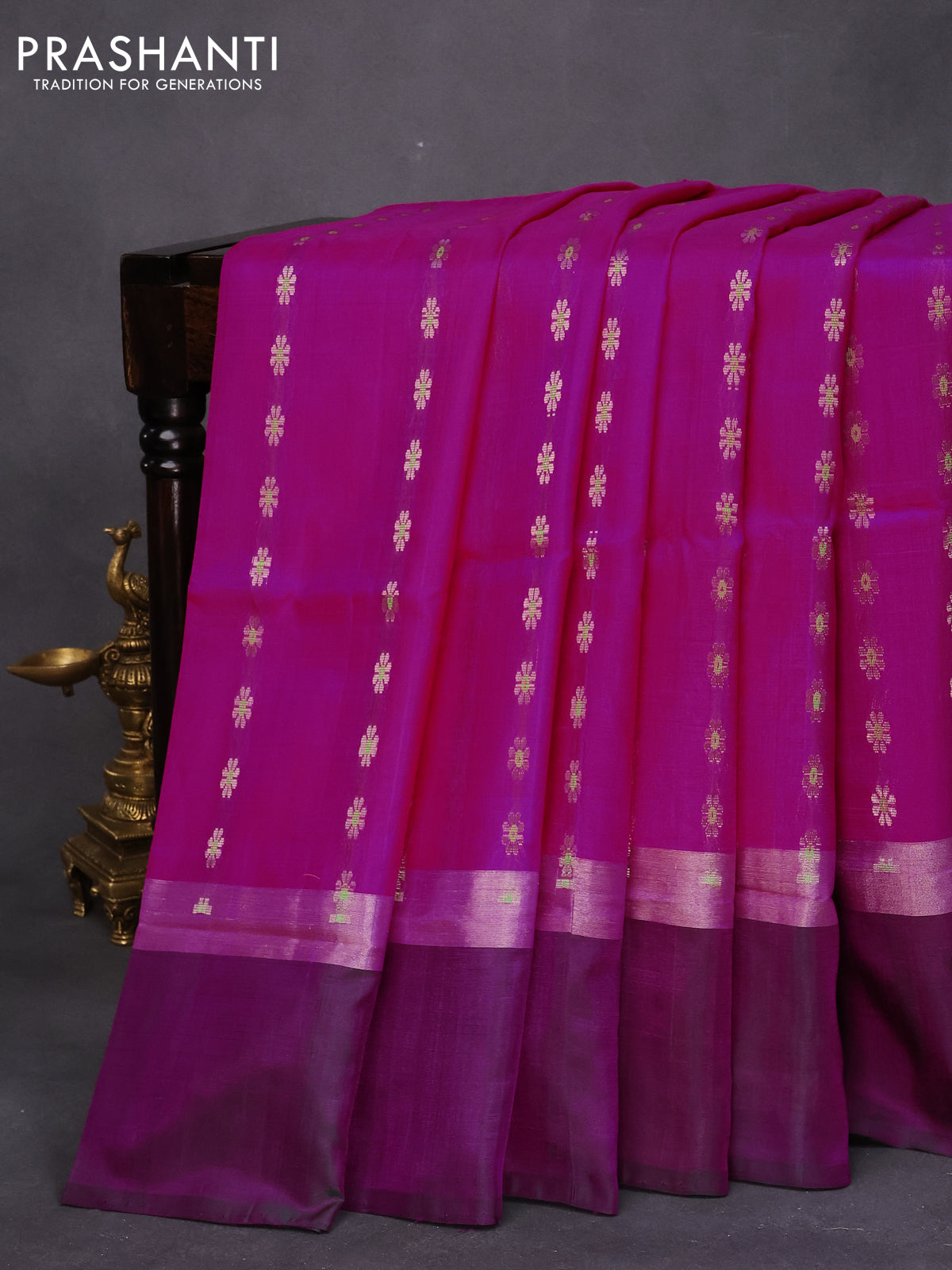 Pure uppada silk saree magenta pink and green with allover thread & silver zari woven floral buttas and silver zari woven simple border