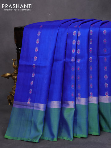 Pure uppada silk saree royal blue and parrot green with allover thread & silver zari woven floral buttas and silver zari woven simple border