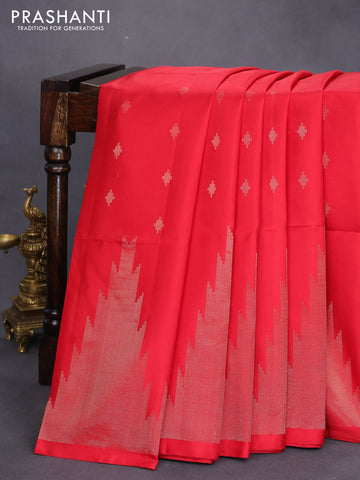 Pure soft silk saree red with allover zari woven geometric buttas and temple design zari woven border