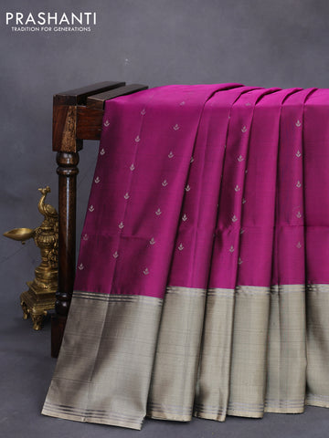 Pure soft silk saree purple and chikku shade with allover silver zari woven buttas and rettapet silver zari woven border