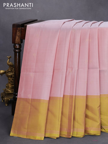 Pure soft silk saree pastel pink and dual shade of lime green with allover zari woven floral buttas and rettapet zari woven border