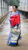 Pure kanjivaram silk saree red and blue with allover checked pattern and temple design thread woven border