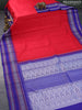 Pure kanjivaram silk saree red and blue with allover checked pattern and temple design thread woven border