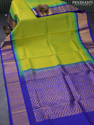 Kuppadam silk cotton saree dual shade of light green and blue with plain body and temple design zari woven border