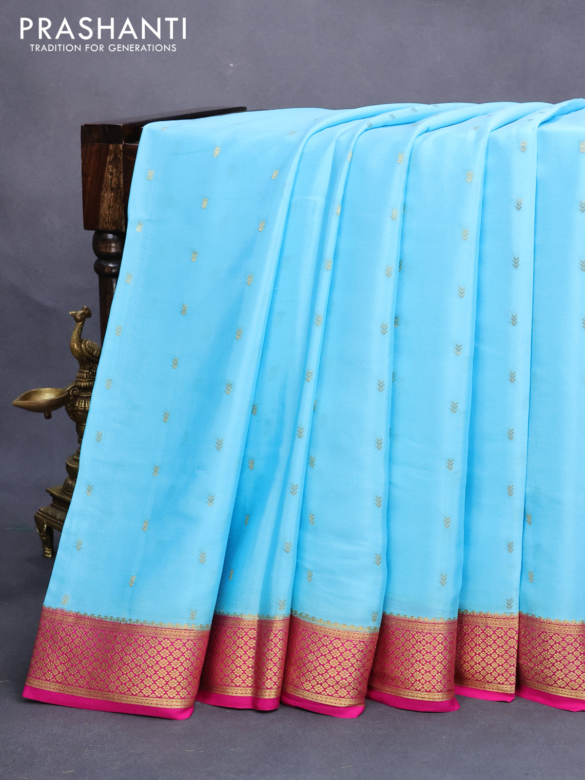 Mysore silk saree light blue and pink with zari woven buttas and zari woven border