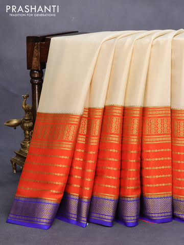 Mysore silk saree cream and orange blue with plain body and long zari woven border