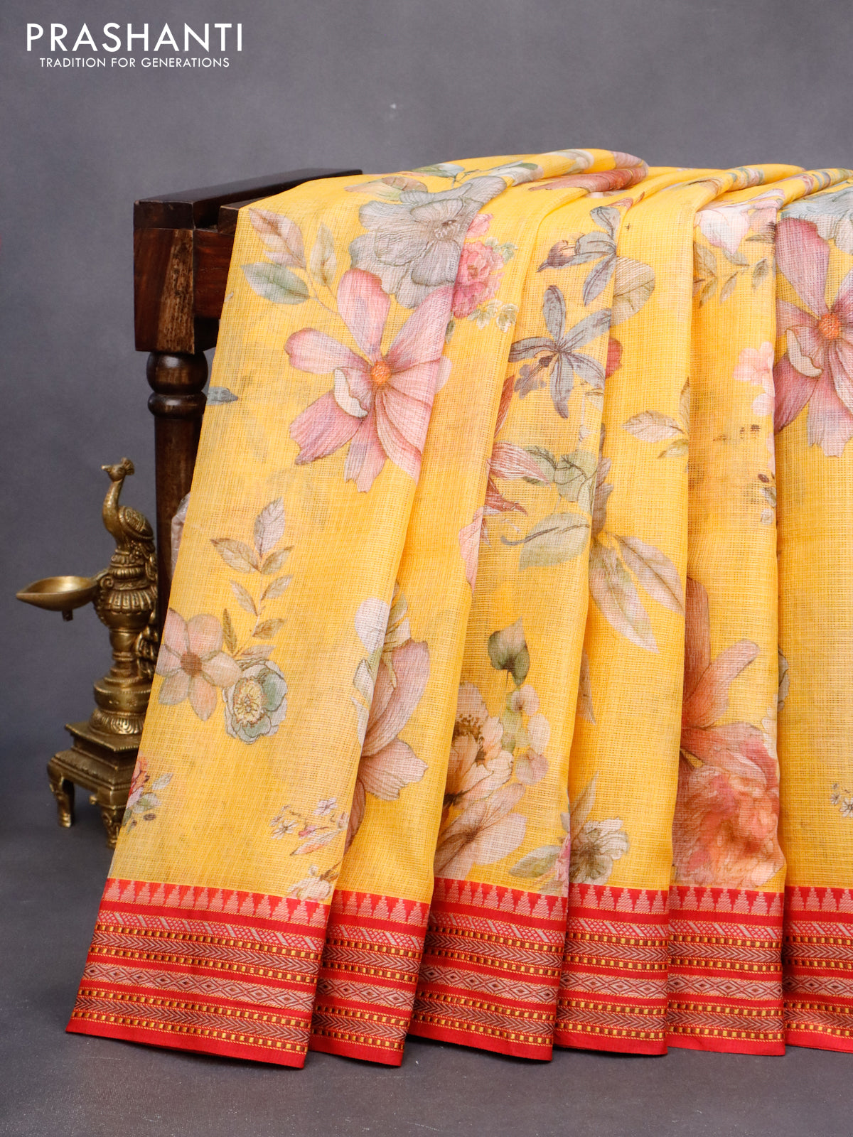 Kota silk cotton saree mango yellow and maroon with allover floral prints and vidarbha border