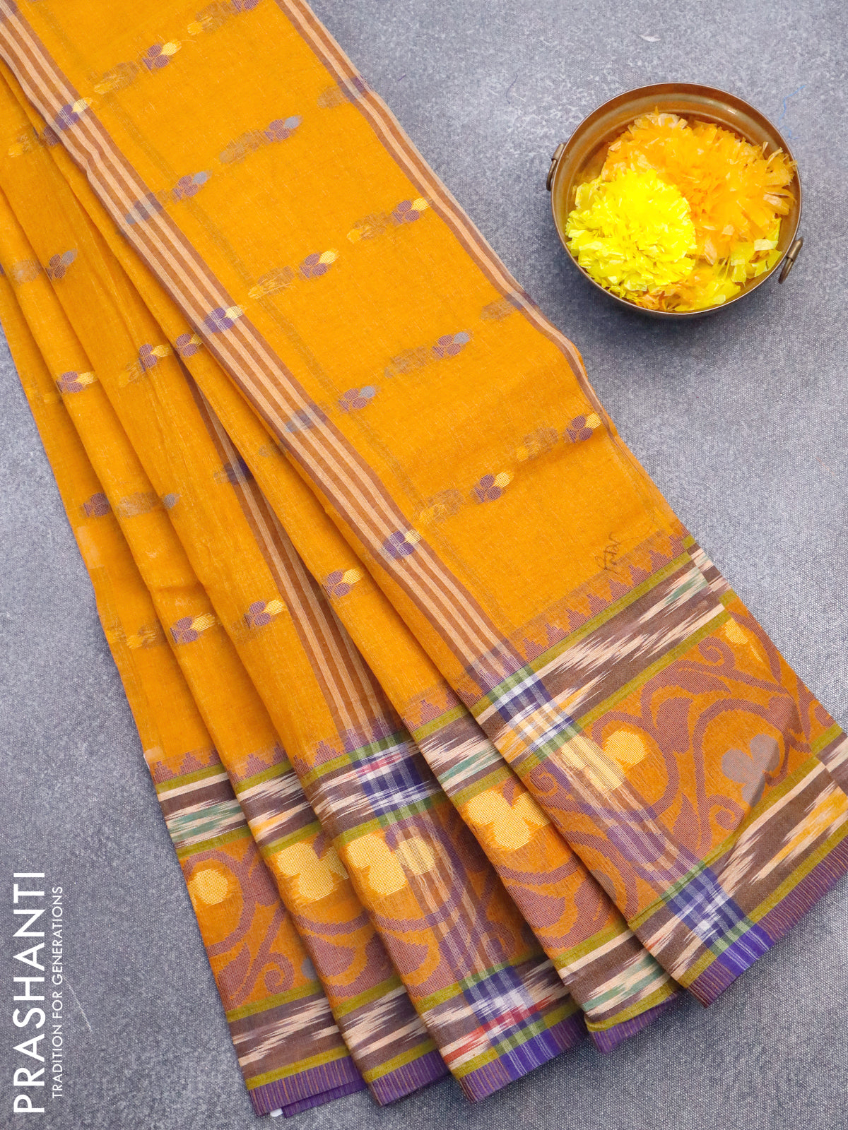 Bengal cotton saree mustard yellow and blue with thread woven buttas and thread woven border without blouse