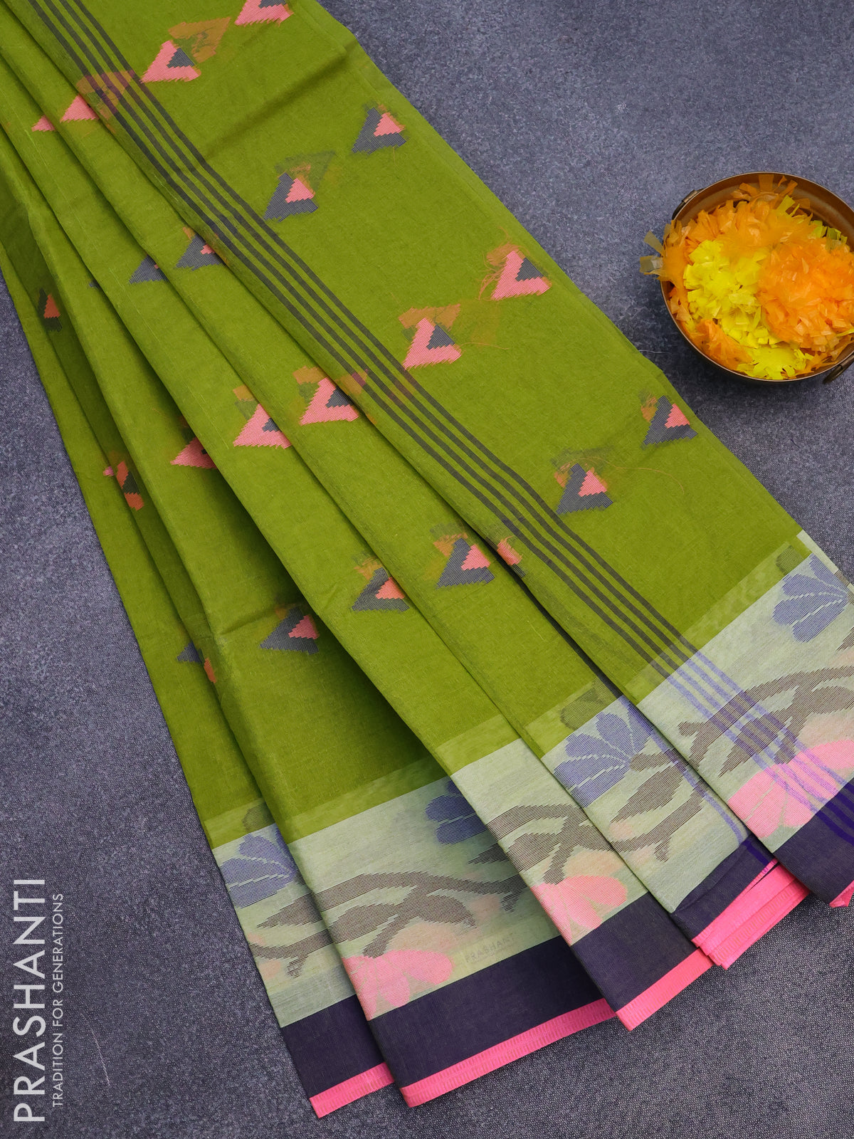 Bengal cotton saree light green and blue pink with thread woven buttas and thread woven border without blouse