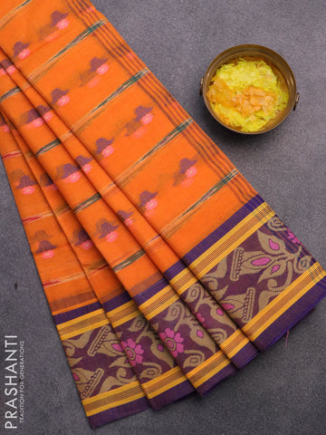 Bengal cotton saree orange and blue with thread woven buttas and thread woven border without blouse