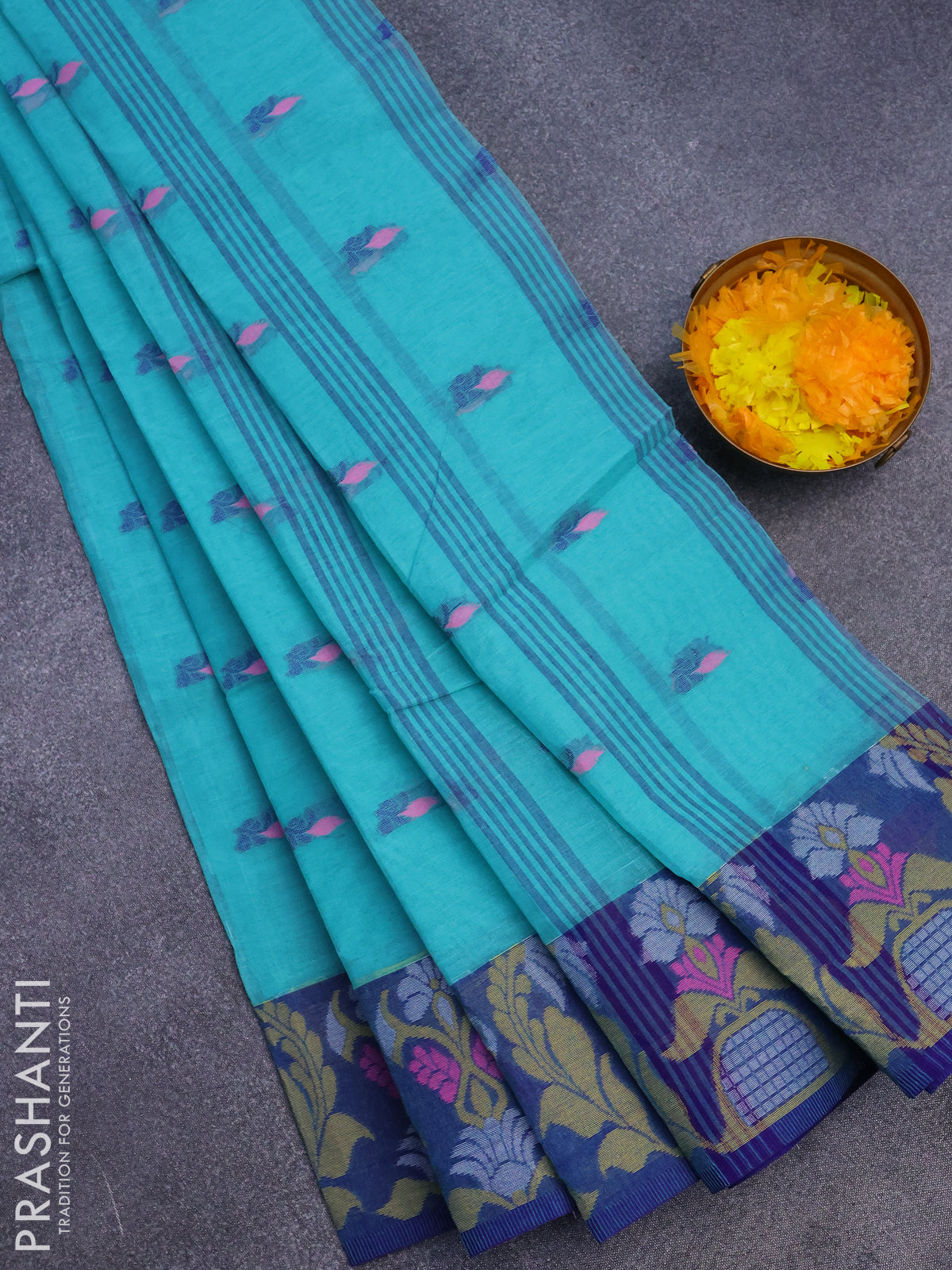 Bengal cotton saree teal blue and blue with thread woven buttas and thread woven border without blouse