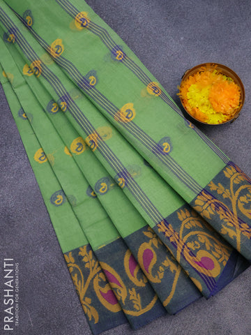 Bengal cotton saree green shade and blue with thread woven buttas and long thread woven border without blouse