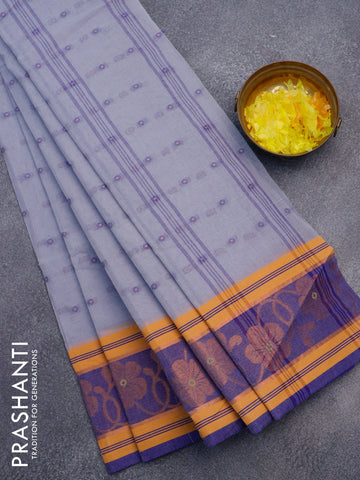 Bengal cotton saree grey and blue with thread woven buttas and copper zari woven border without blouse