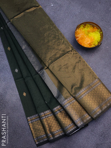 Maheshwari silk cotton saree dark sap green with silver & gold zari woven buttas and zari woven border