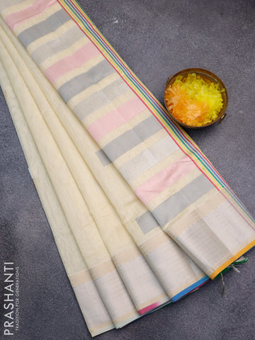 Maheshwari silk cotton saree cream with silver zari woven buttas and zari woven border