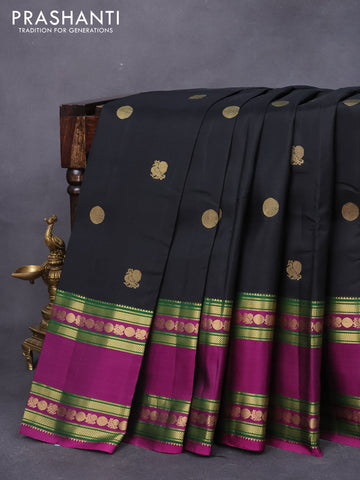 Pure kanjivaram silk saree black and magenta pink with annam zari woven buttas and long rettapet zari woven border