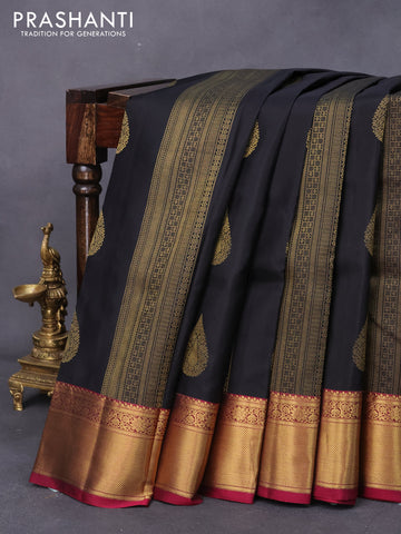 Pure kanjivaram silk saree black and dark magenta pink with allover zari weaves & buttas and zari woven border