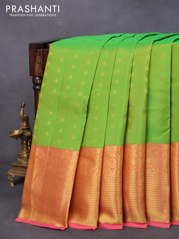 Pure kanjivaram silk saree green and pink with zari woven buttas and long zari woven border