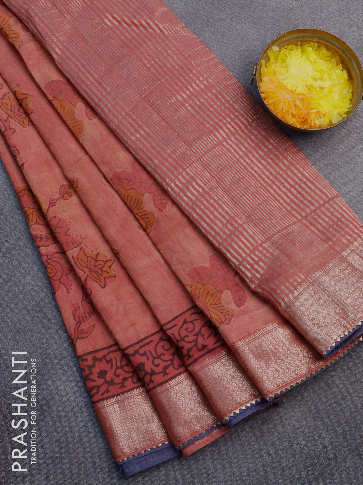 Chanderi silk cotton saree pastel peach and blue shade with natural vegetable prints and zari woven gotapatti lace border