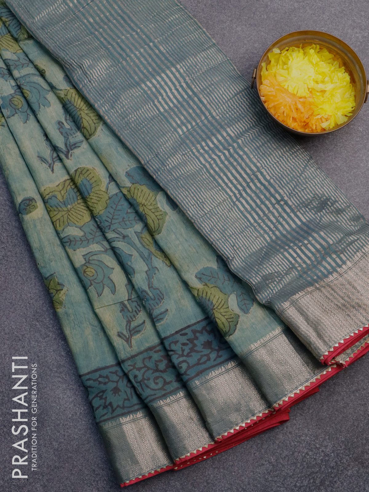 Chanderi silk cotton saree pastel green shade and pink with natural vegetable prints and zari woven gotapatti lace border