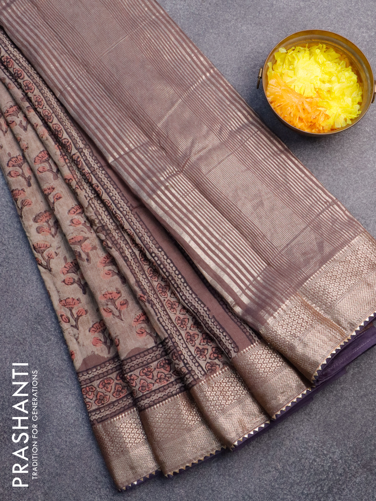 Chanderi silk cotton saree grey shade with natural vegetable prints and zari woven gotapatti lace border