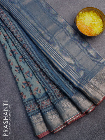 Chanderi silk cotton saree pastel blue and mauve pink with natural vegetable prints and zari woven gotapatti lace border