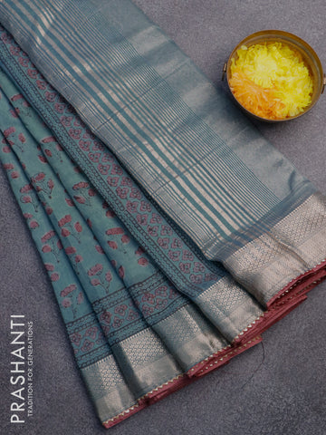 Chanderi silk cotton saree pastel blue and pastel maroon with natural vegetable prints and zari woven gotapatti lace border