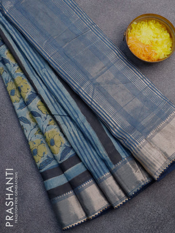 Chanderi silk cotton saree pastel blue and peacock blue with natural vegetable prints and zari woven gotapatti lace border