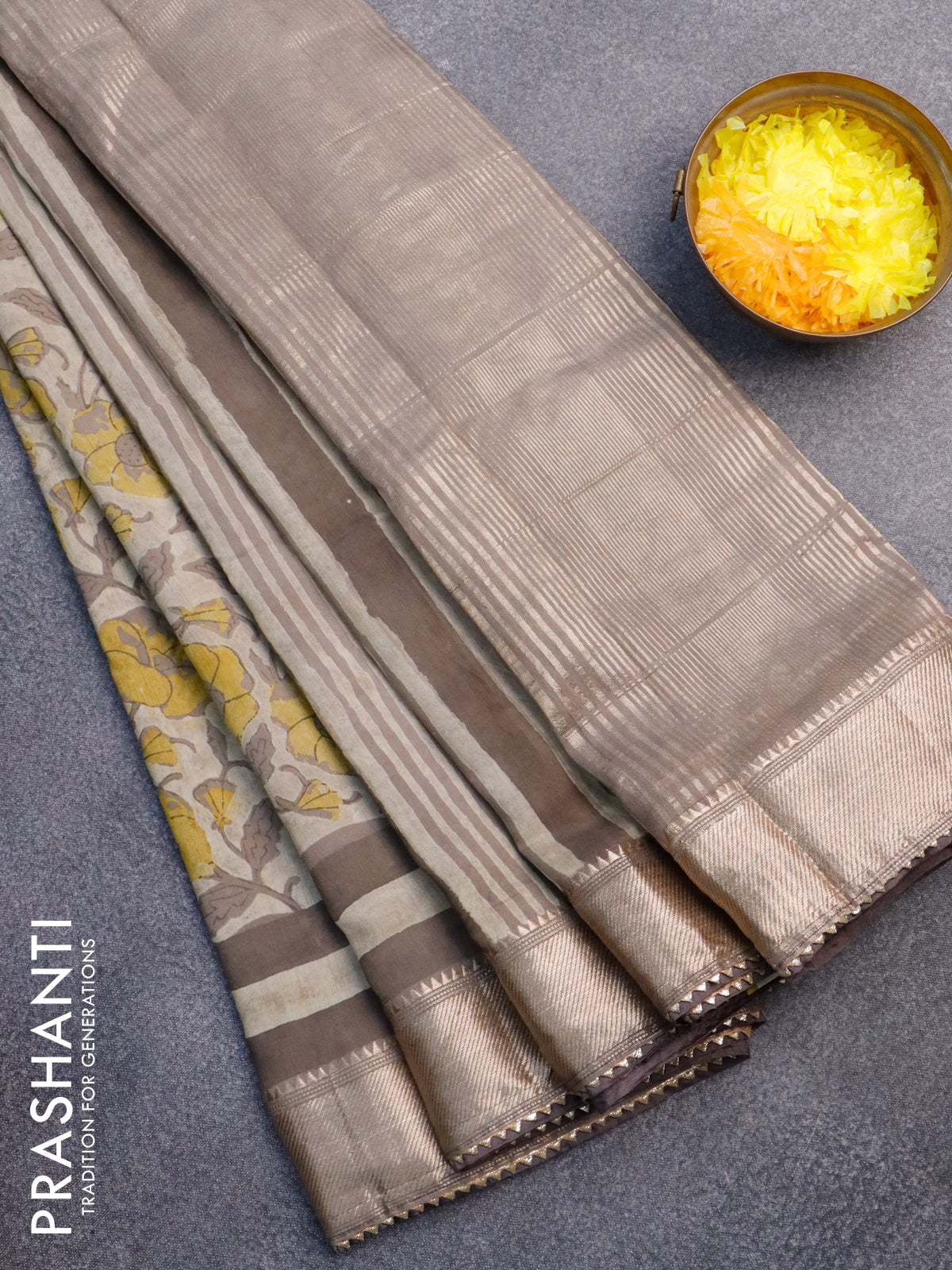 Chanderi silk cotton saree beige and grey with natural vegetable prints and zari woven gotapatti lace border