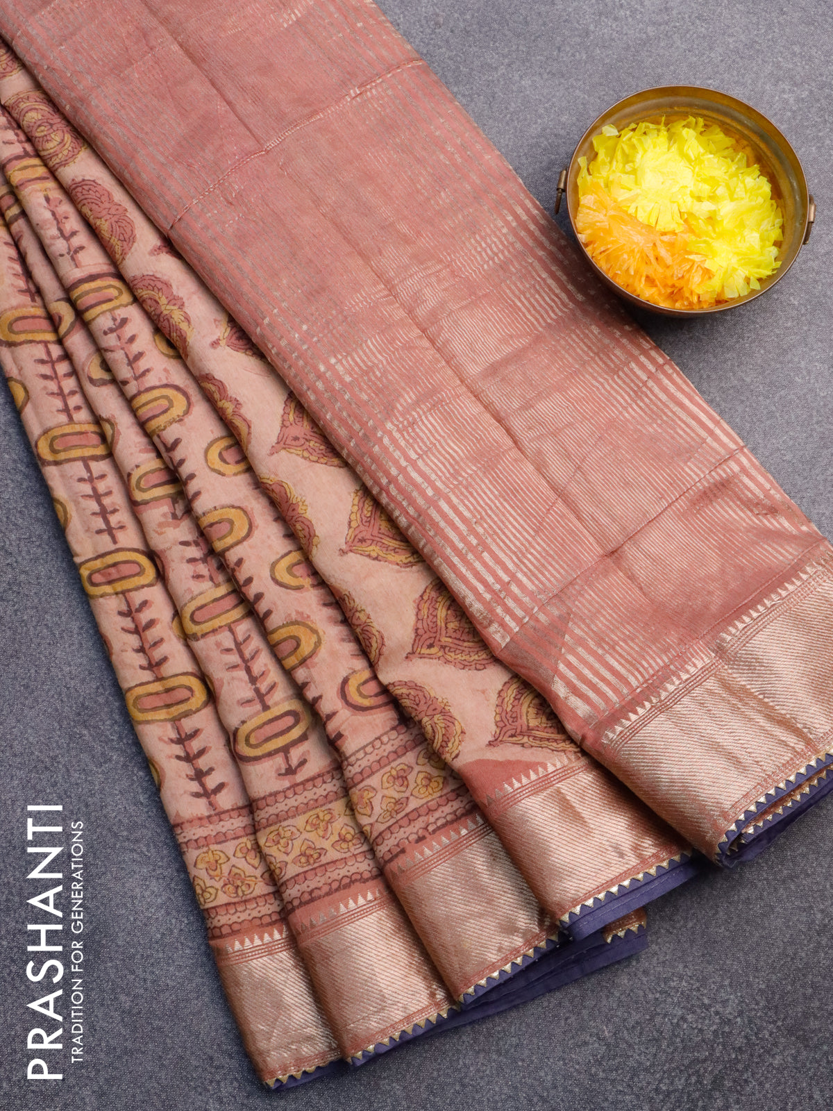 Chanderi silk cotton saree pastel peach shade and greyish blue with natural vegetable prints and zari woven gotapatti lace border