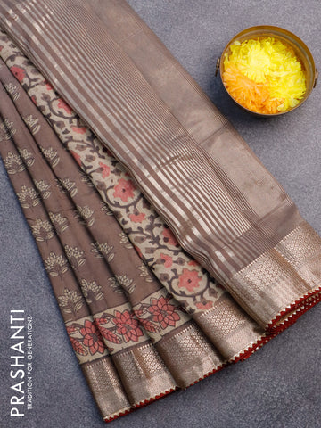 Chanderi silk cotton saree pastel brown shade and maroon with natural vegetable butta prints and zari woven gotapatti lace border