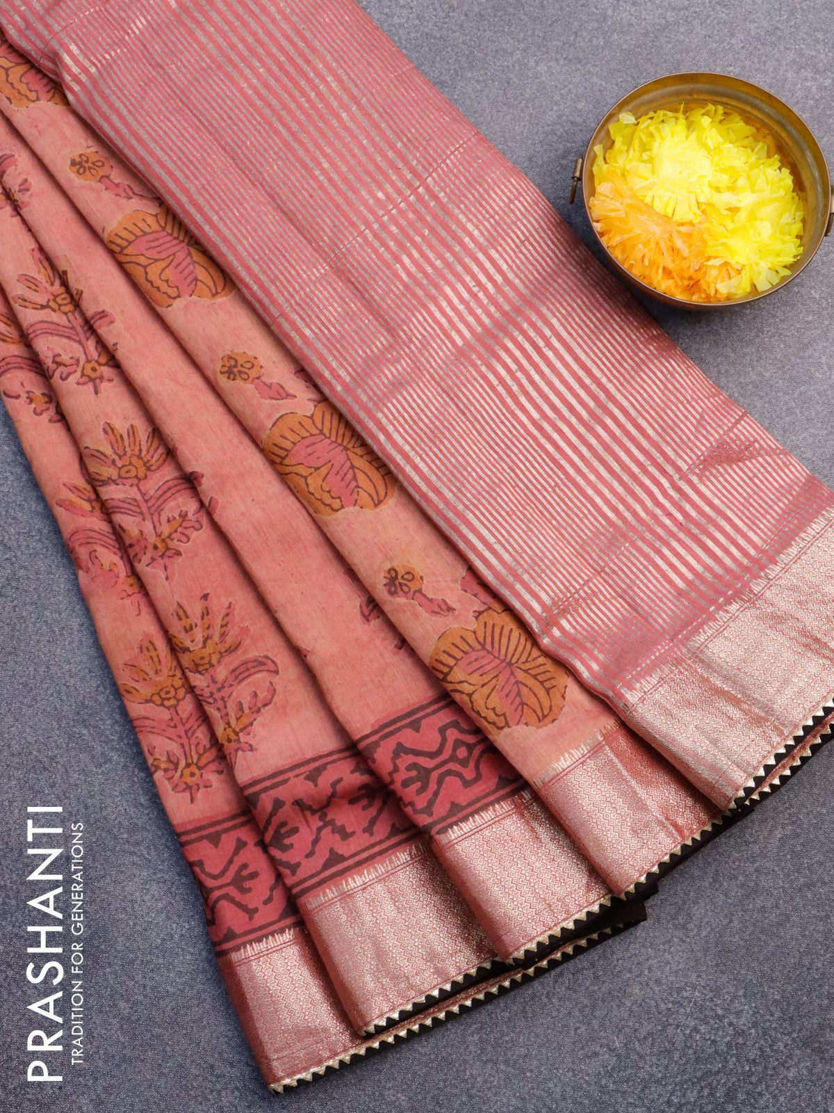 Chanderi silk cotton saree pastel peach pink shade and black with natural vegetable butta prints and zari woven gotapatti lace border