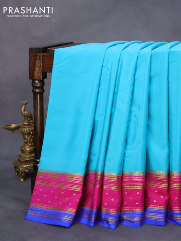 Pure mysore silk saree teal blue and magenta pink blue with plain body and zari woven border