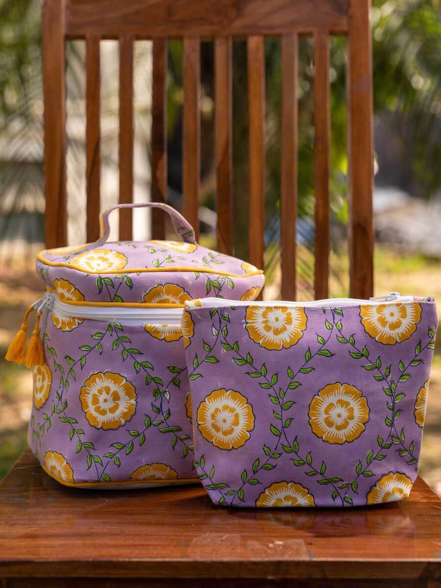 Set of 2 - Iris Block Printed Cotton Travel Set