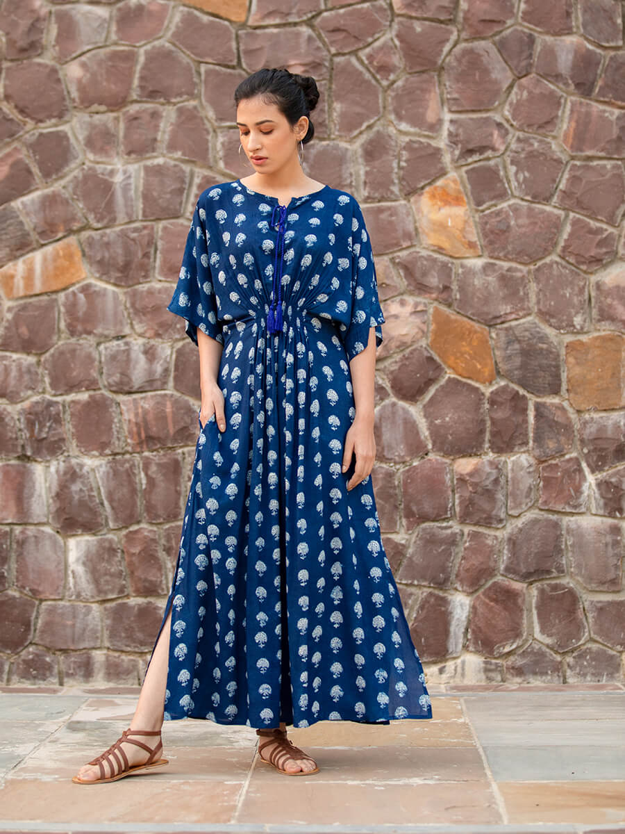 Jheel Indigo Printed Modal Kaftan Maxi Dress