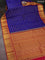 Pure kanchipuram silk saree blue and pink with allover zari woven stripes pattern and zari woven korvai border