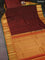 Pure kanchipuram silk saree deep maroon and green with allover zari woven stripes pattern and zari woven korvai border