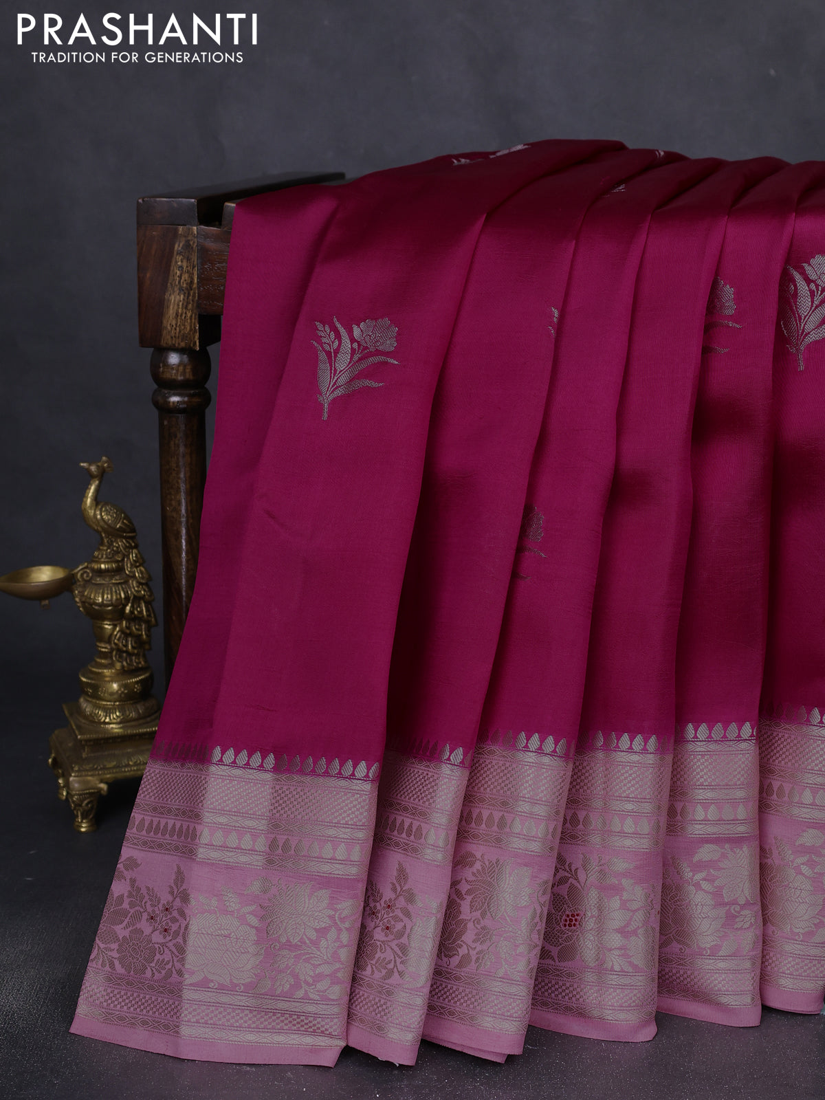 Banarasi poona silk saree dark pink and light pink with zari woven floral buttas and zari woven border