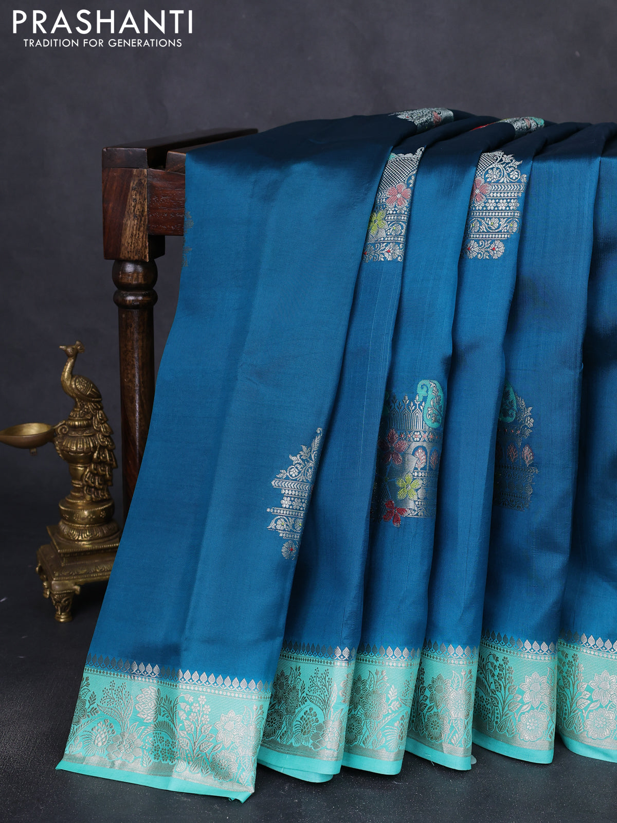 Banarasi poona silk saree peacock green and teal green with thread & zari woven buttas and zari woven border