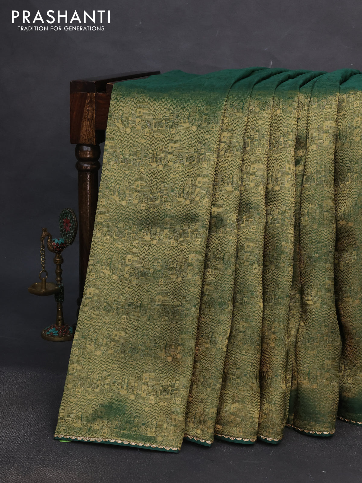 Banarasi semi crepe saree green with allover zari woven brocade weaves and lace work border